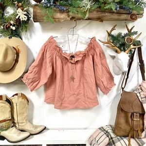 Blush dream off the shoulder boho top w shabby chic holiday resort vibe